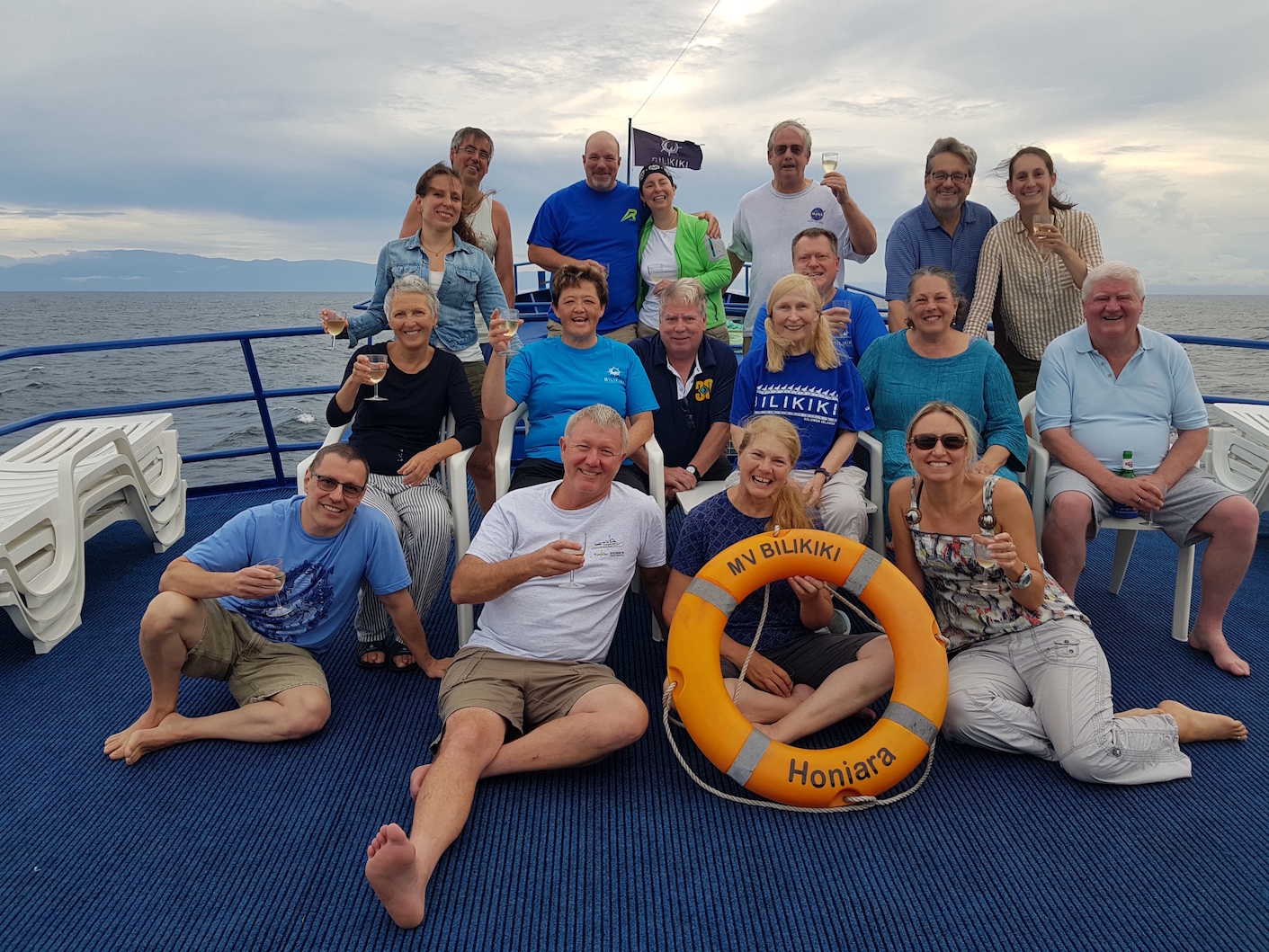 Group photo of the divers onboard the Bilikiki in the Solomon Islands