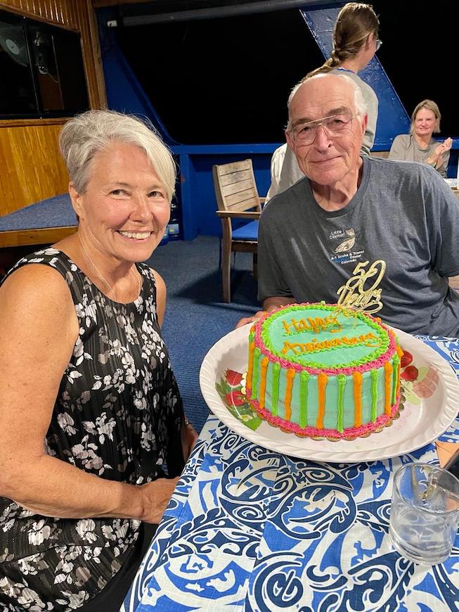 happy anniversary with a cake onboard the Bilikiki, Solomon Islands